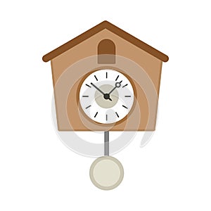Vintage wooden cuckoo clock icon, flat style