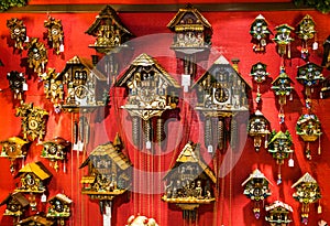 Vintage wooden cuckoo clocks in shop Munich, Germany