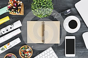 Vintage wooden desktop with items