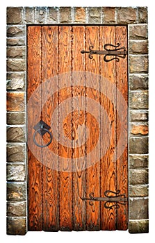 Vintage wooden door on brick wall
