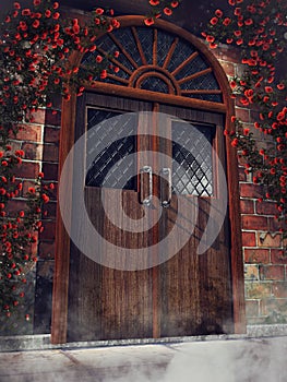 Vintage wooden door with rose ivy.