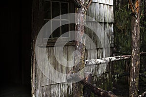 Vintage wooden fence encircles a decaying storage shed