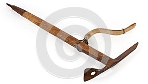 Vintage wooden handled ice axe on a white background