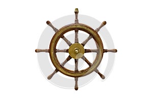 Vintage wooden marine steering wheel isolated on white background