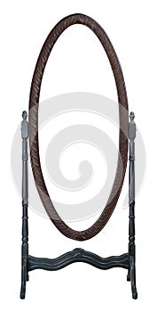 Vintage wooden ornate elliptical cheval standing dressing mirror painted in off white and brown colors isolated on white