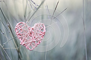 Vintage wooden pink heart over blurred garden background