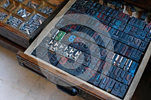 Vintage wooden printing press letters