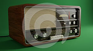 Vintage wooden radio with a rectangular shape and rounded edges. The front panel