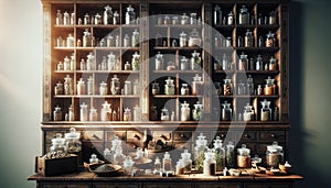 Vintage Wooden Shelf with Assorted Spice Jars