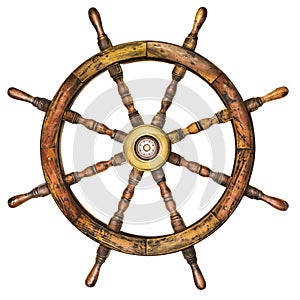 Vintage wooden ship steering wheel isolated on white