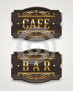 Vintage wooden signs for cafe and bar