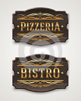 Vintage wooden signs for pizzeria and bistro photo