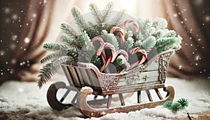 Vintage Wooden Sleigh with Christmas Decorations and Candy Canes in Snowy Setting, AI Generated