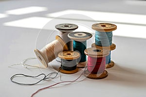 Vintage wooden spools of thread on white background