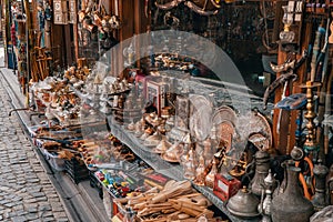 Various retro stuff on the countertop of a shop in marketplace of Amasra, Turkey