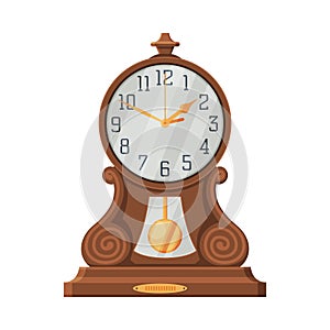 Vintage Wooden Table Clock, Retro Style Time Measuring Instrument Vector Illustration