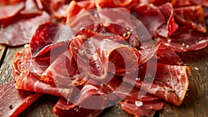 Vintage wooden table showcasing an array of finely cut cured ham slices for display