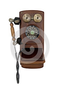 vintage wooden telephone isolated on white background