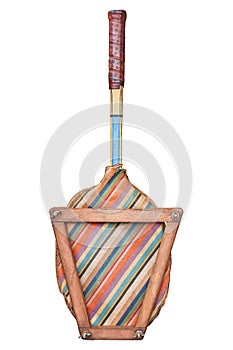 Vintage wooden tennis racket with colorful striped sleeve and rack