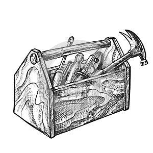 Vintage Wooden Toolbox With Old Instrument Vector