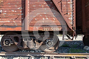 Vintage wooden train wagons. Soviet style freight trains. Retro style