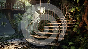 The vintage wooden treehouse on large tree with spiral stair in ancient jungle. Generative AI AIG30.