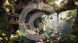 The vintage wooden treehouse on large tree with spiral stair in ancient jungle. Generative AI AIG30.