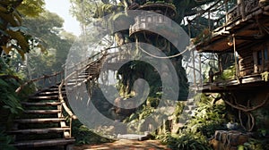 The vintage wooden treehouse on large tree with spiral stair in ancient jungle. Generative AI AIG30.