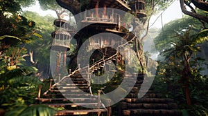 The vintage wooden treehouse on large tree with spiral stair in ancient jungle. Generative AI AIG30.