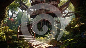 The vintage wooden treehouse on large tree with spiral stair in ancient jungle. Generative AI AIG30.