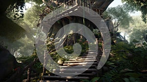 The vintage wooden treehouse on large tree with spiral stair in ancient jungle. Generative AI AIG30.