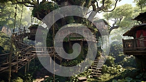 The vintage wooden treehouse on large tree with spiral stair in ancient jungle. Generative AI AIG30.