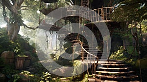 The vintage wooden treehouse on large tree with spiral stair in ancient jungle. Generative AI AIG30.