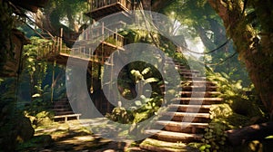 The vintage wooden treehouse on large tree with spiral stair in ancient jungle. Generative AI AIG30.