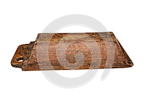 Vintage wooden trough, used, cracked, with spots of wood-decay fungus. Old household equipment. Isolated on white.