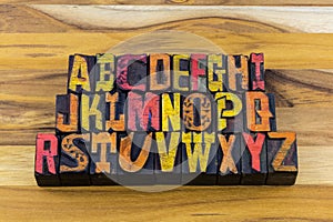 Vintage wooden typeset alphabet spelling letters education typeface letterpress