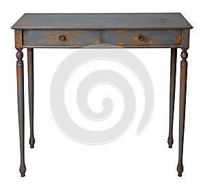 Vintage wooden vintage table with two drawers painted in grey and orange, isolated on white background including clipping path