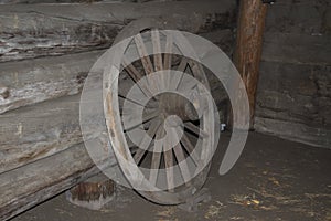 Vintage wooden wagon wheel.