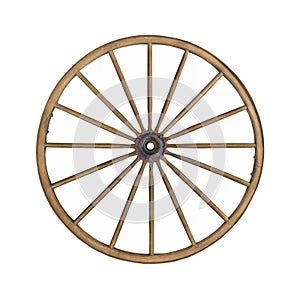 Vintage wooden wagon wheel isolated.