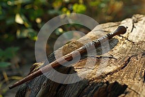 Vintage wooden wand resting on an old tree stump