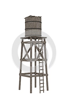 A vintage wooden water tower from the old wild west. 3D illustration isolated on white