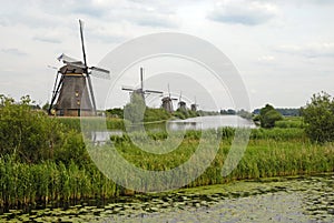 Vintage wooden Windmills in Kinderdijk, Holland