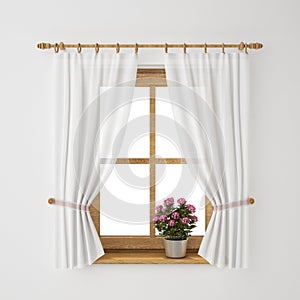 Vintage wooden window frame with curtain and flowerpot