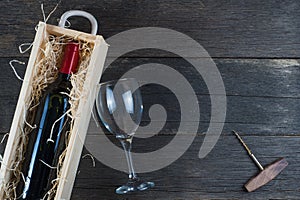 Vintage wooden wine case with bottle