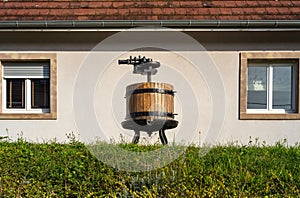 Vintage Wooden Wine Press Displayed Outdoors