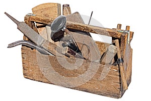 Vintage WoodenTool Box Full of carpentry Tools. Isolated on a white background