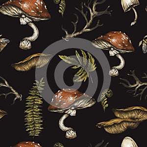 Vintage woodland nature seamless pattern. Amanita mushroom, fern, forest plants witchcraft wallpaper. Botanical texture