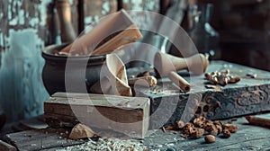 Old woodworking tools on rustic table photo