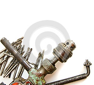 Vintage working tools ( drill and more) on white