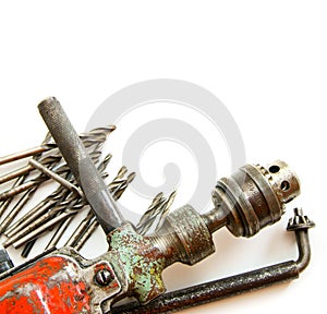 Vintage working tools ( drill and more) on white